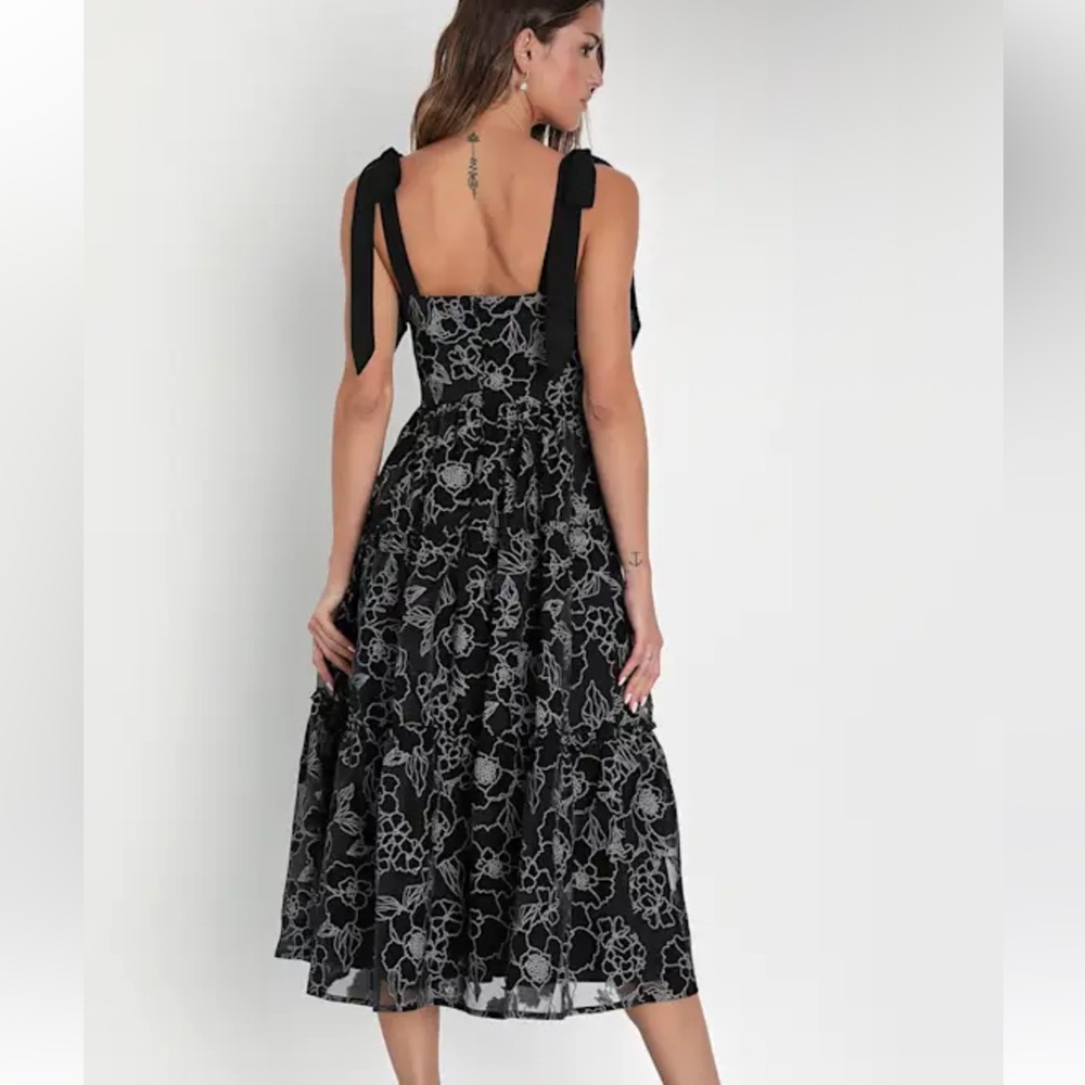 Lulu's Black Midi Dress with White Floral Embroidery and Tie Shoulders - Picture 3 of 13
